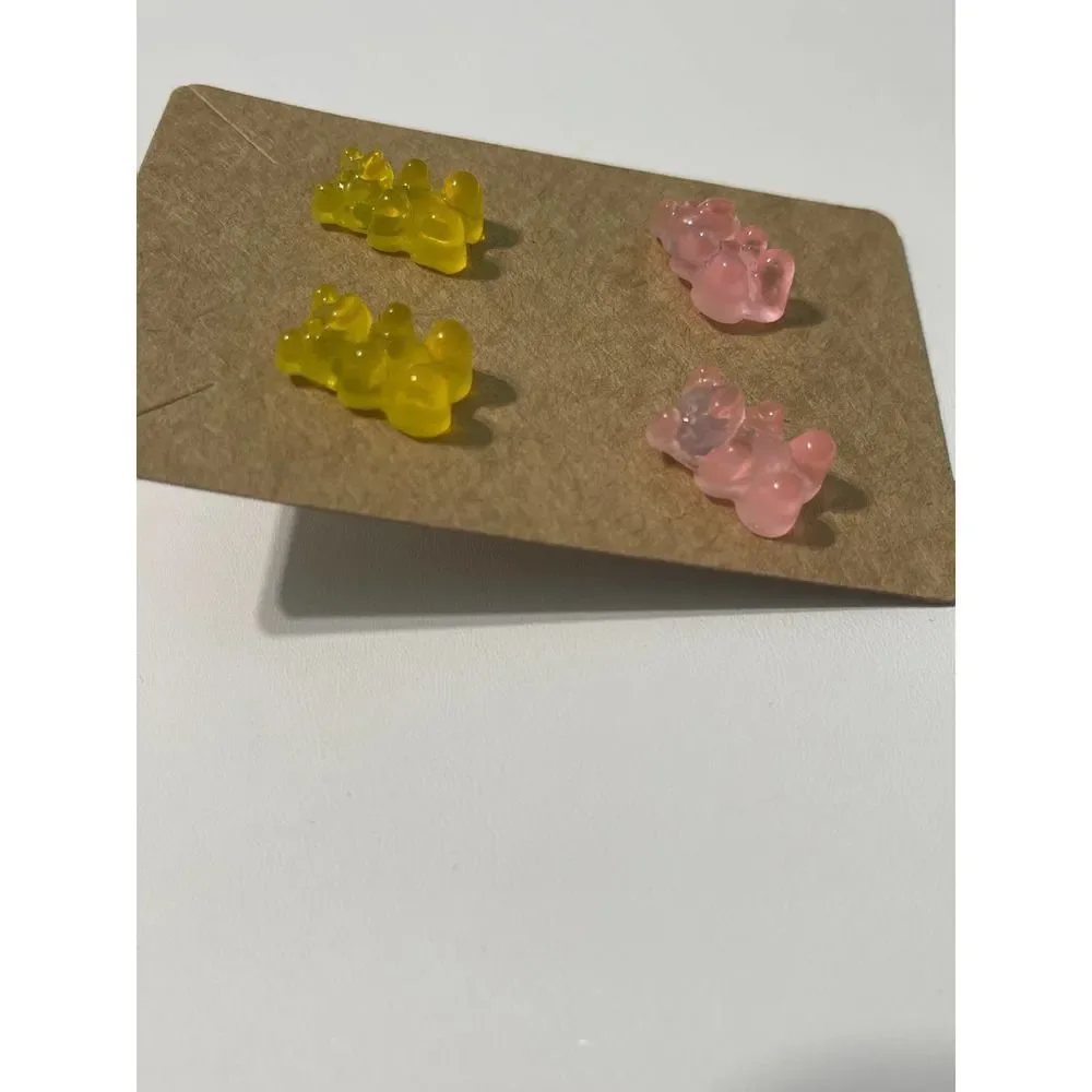 Gummy Bear Acrylic Stud Earrings Pink‎ Yellow Statement Novelty Fashion Set New